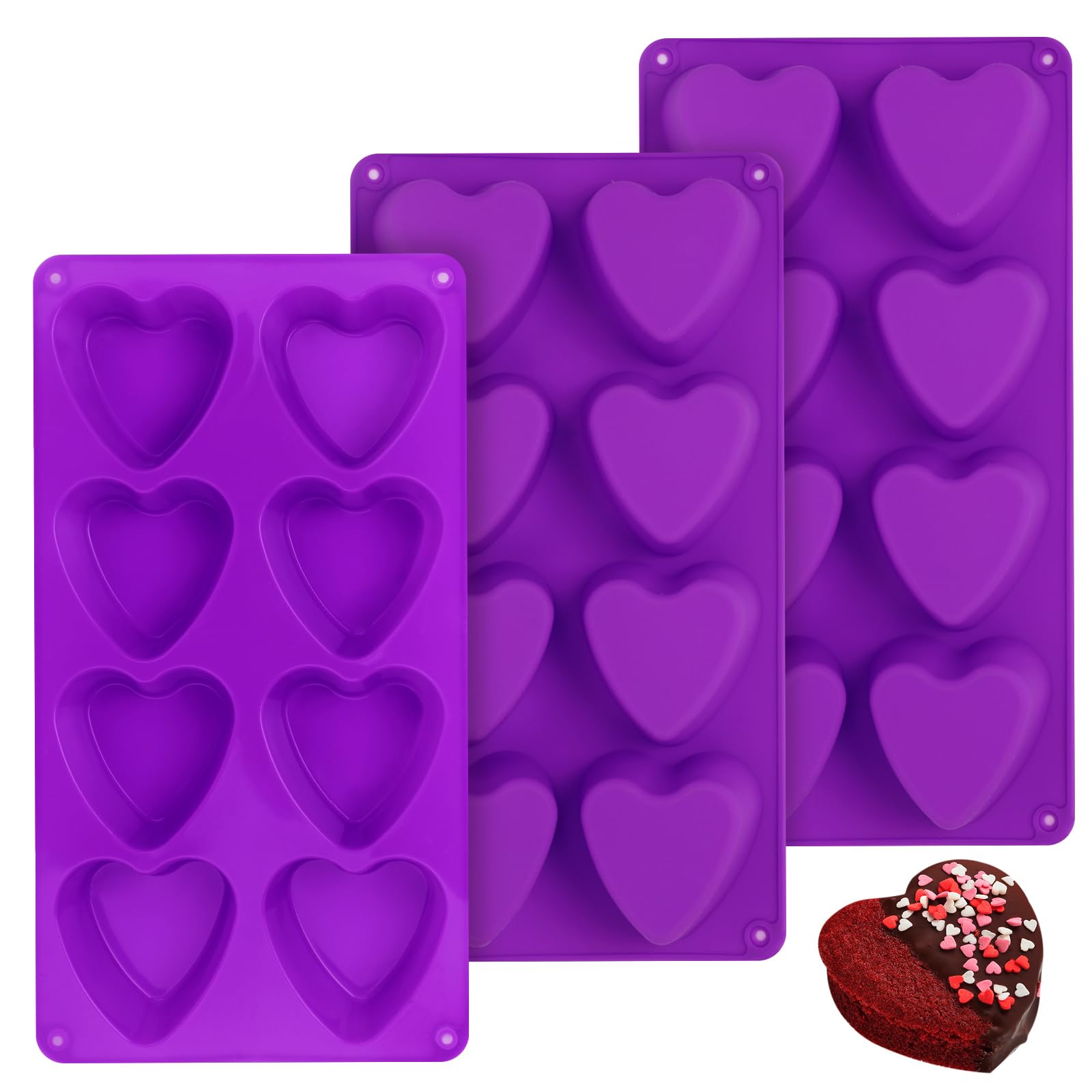 3 moldes de silicona en forma de corazón con 8 cavidades, molde de silicona para hornear, mini molde para magdalenas, molde en forma de corazón de San Valentín para hacer chocolate, dulces, jabón y
