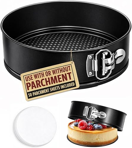 Miniatura 9 de Tellshun - Molde para pastel de 8 pulgadas con revestimiento antiadherente, juego de 50 papeles de pergamino, molde para tarta de queso con fondo