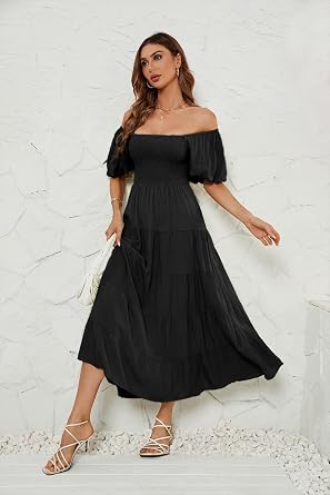 Women's Summer Short Puff Sleeve Square Neck Smocked A Line Tiered Flowy Midi Dress
