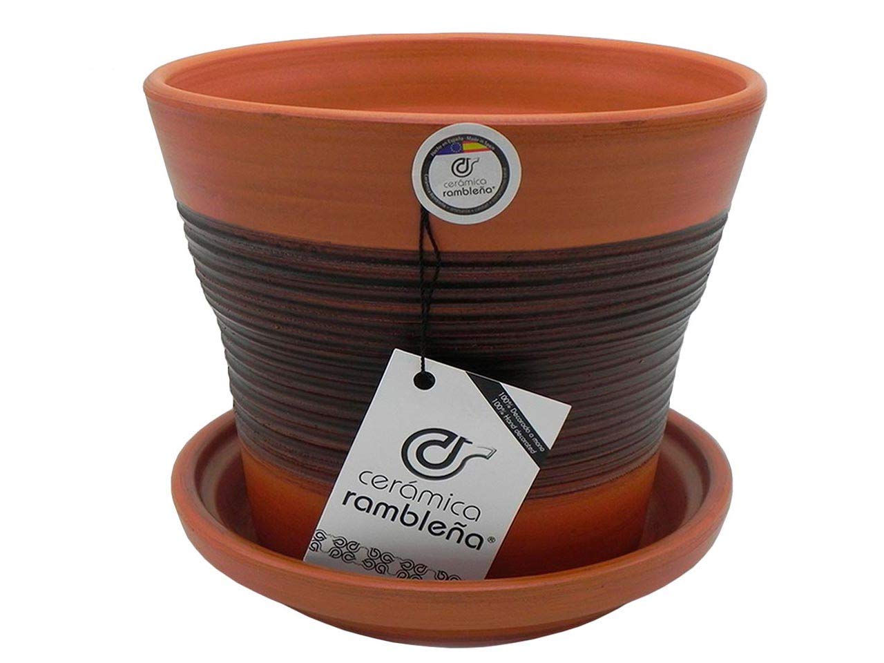 Ceramic RAMBLEÑA | Garnki z czerwonego błota | Dekoracyjne doniczki | Doniczki ceramiczne | Doniczki zewnętrzne | Brązowo-orzech | 100% ręcznie robiona dekoracja | 20x20x18 cm | Talerz w zestawie