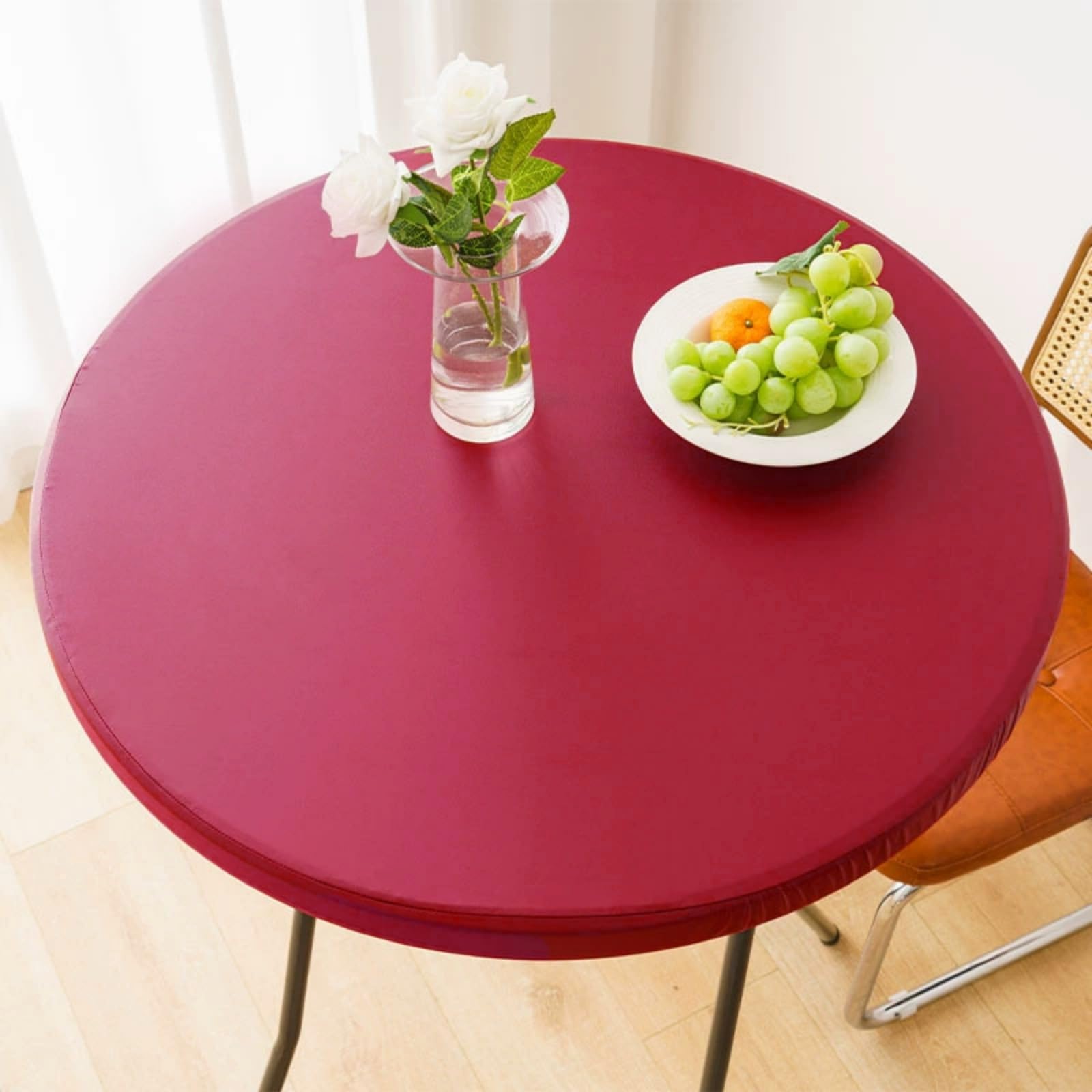 Odot Round Tablecloth Waterproof Wipe Clean 60-140cm, PU Leather Round Outdoor Table Cover Fitted Elastic Edged Circle Table Cloth Protector Decorative for Kitchen Dining Room (Red,140cm)