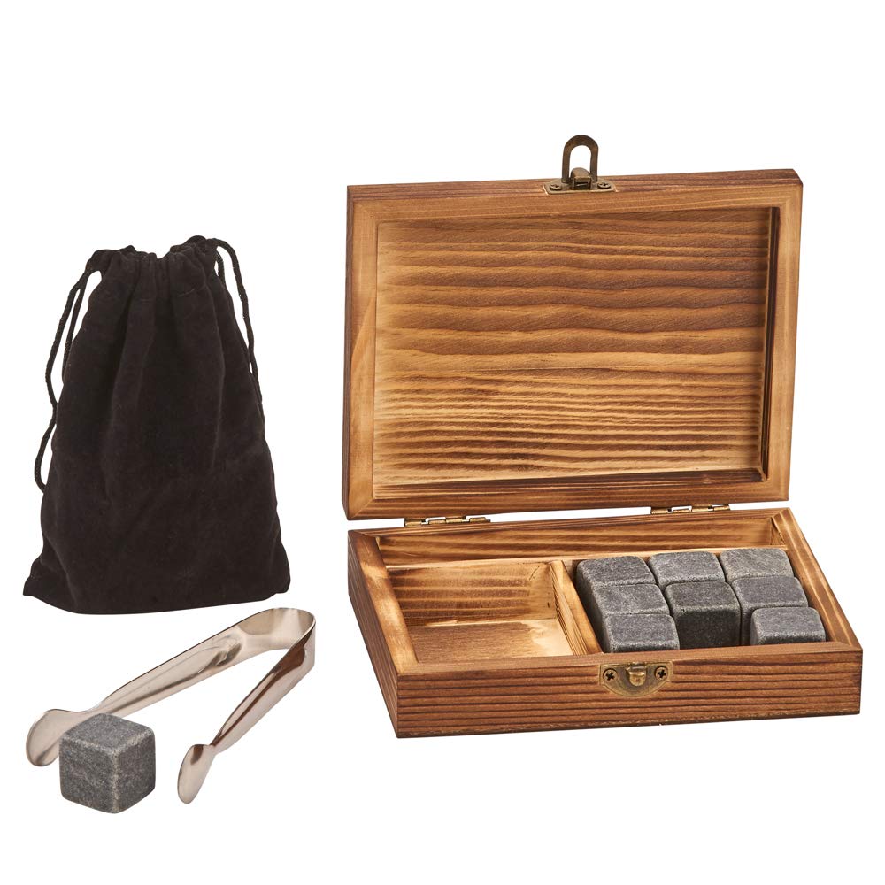 Creative Gifts International Whiskey Stones & Tong Set in Keepsake Box, Dust Bag Pouch Included for Safe Storage, 9 Stones Total