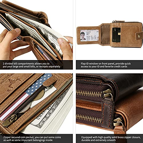 Image of MING CLAN Zipper Wallet Men RFID Blocking Leather Bifold Wallets For Men - Flap ID Window Zip Coin Pocket Mens Zipper Wallets - Big Capacity, Tobacco, M, Vintage
