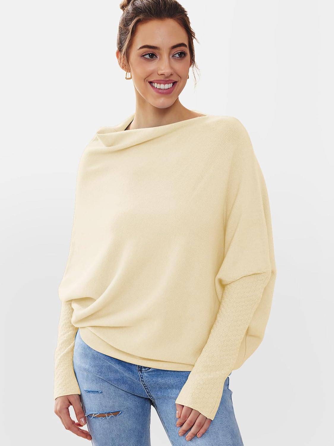 LILLUSORY Womens Batwing Oversized Sweaters Assymetrical Off The Shoulder Boat Neck Wrap Tunic Tops Fall - Image 2