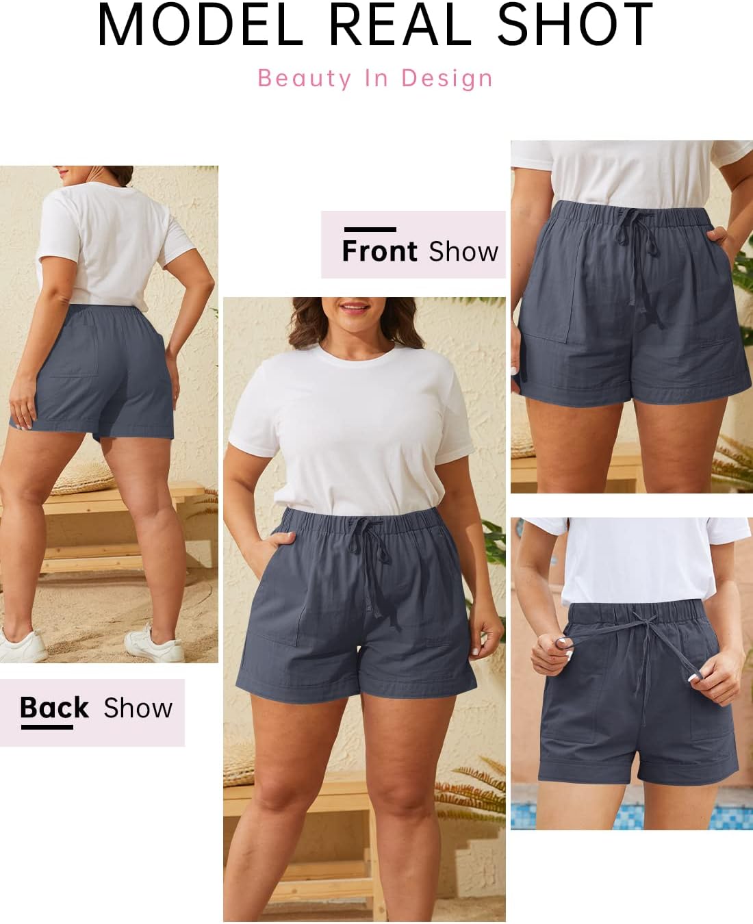 Womens Elastic Waist Drawstring Shorts Beach Shorts Lightweight Athletic Shorts Comfy Short Pants with Pockets - Image 4