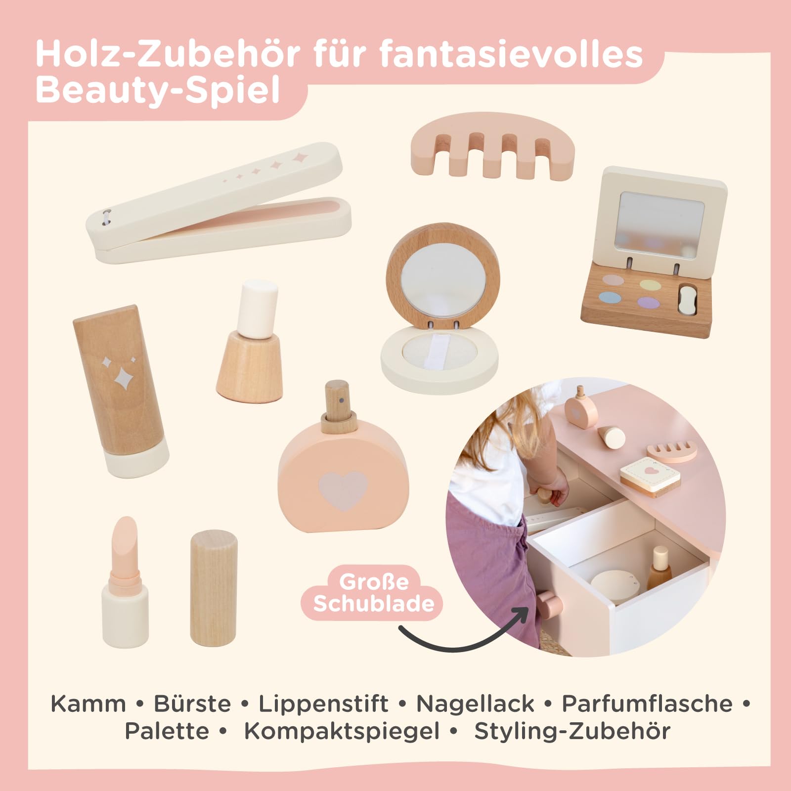 Nene Toys Schminktisch Kinder mit Hocker & beleuchtetem Spiegel, Kinder-Schminktisch aus Holz, 3 Lichtmodi, Mädchen Frisiertisch mit Schublade, Zubehör, Geschenk ab 3 Jahren