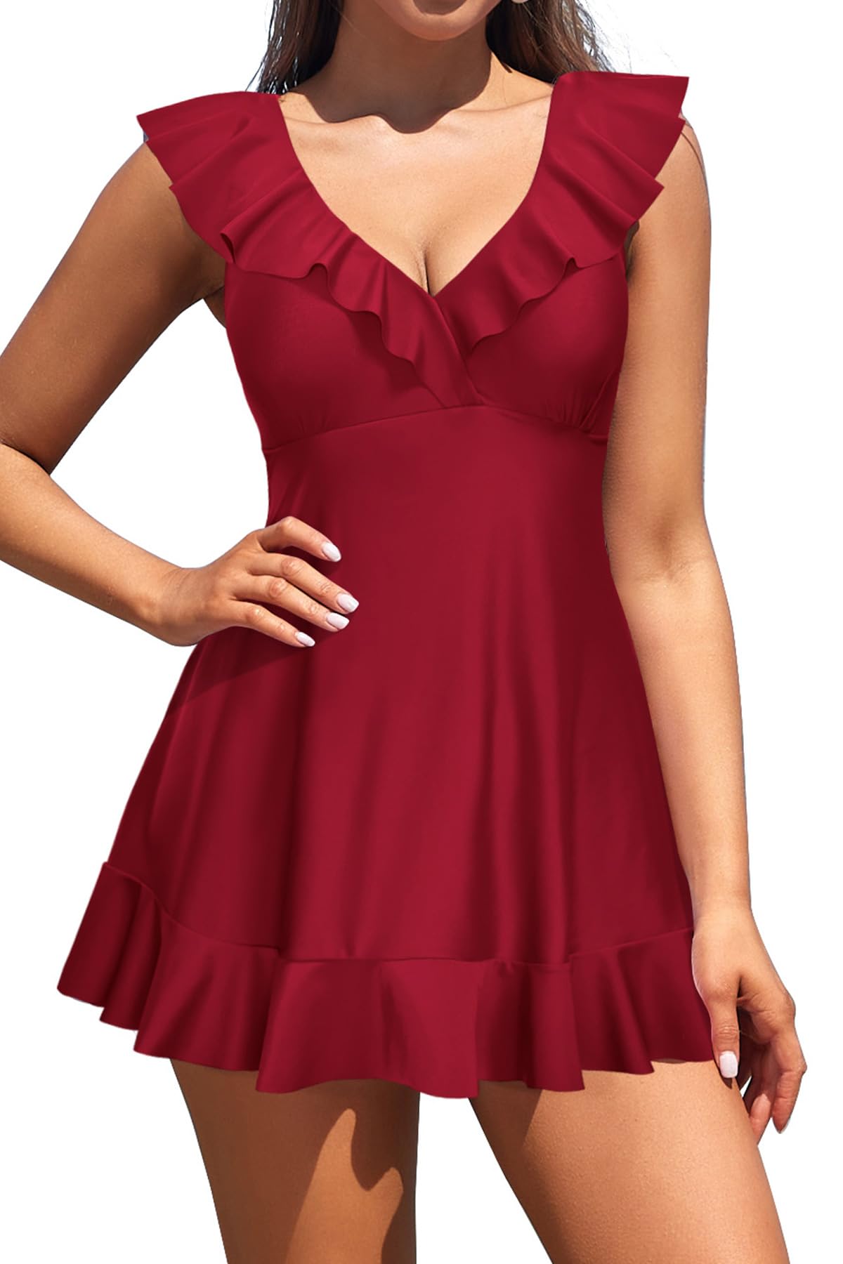 SHEKINI Femme Elégant Col en V Maillot de Bain 1 Pièce avec Jupette Halter Volants Bikini Robe de Plage Abdominal Contrôle Ourlet à Volants Maillot Une Pièce Jupette