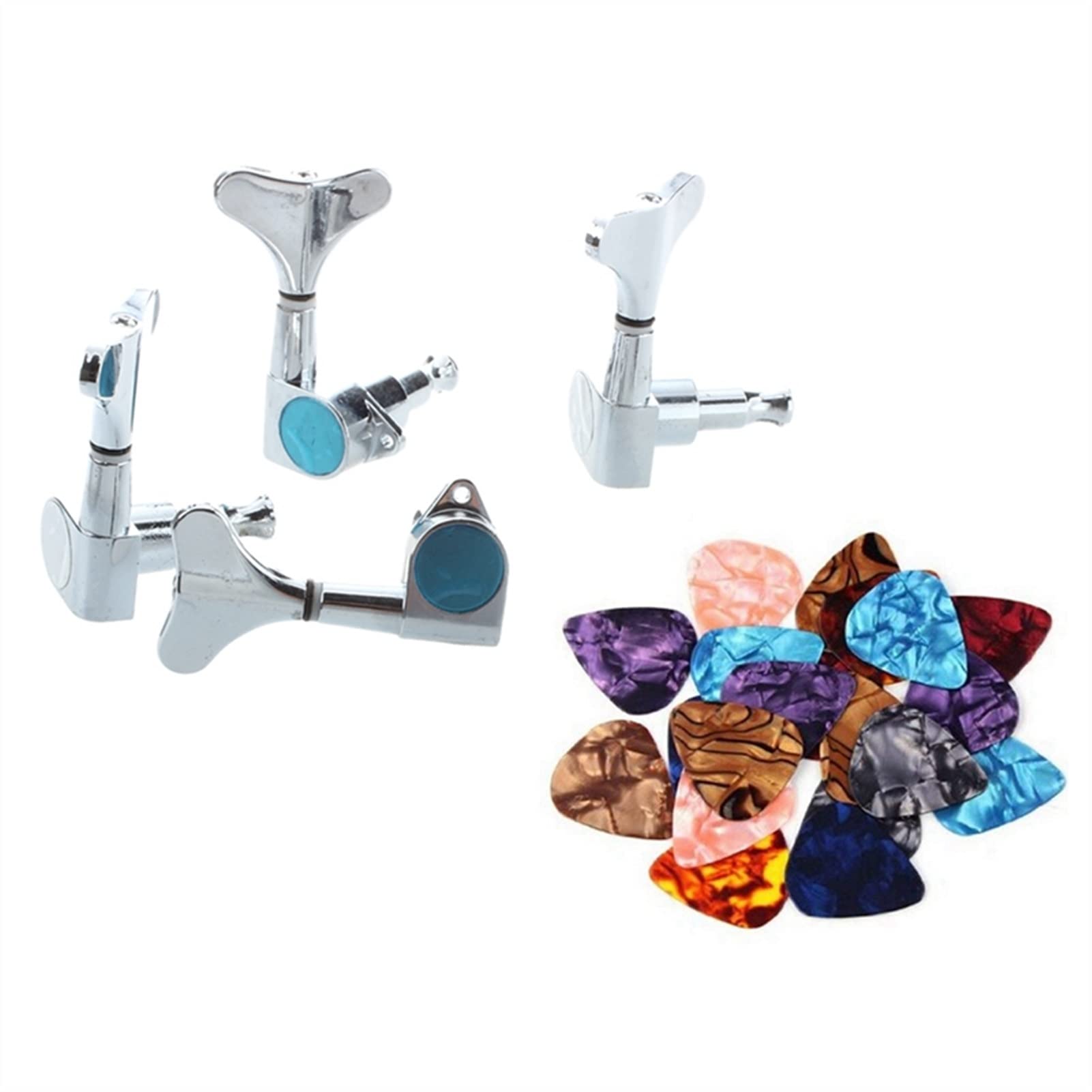 Gitarren Stimmwirbel 4x Versiegelte Bass-Tuning-PEGS-Tuner-Maschinenköpfe 2L + 2R & 200x 046mm Stilvolle Bunte Celluloid-Guitar-Picks