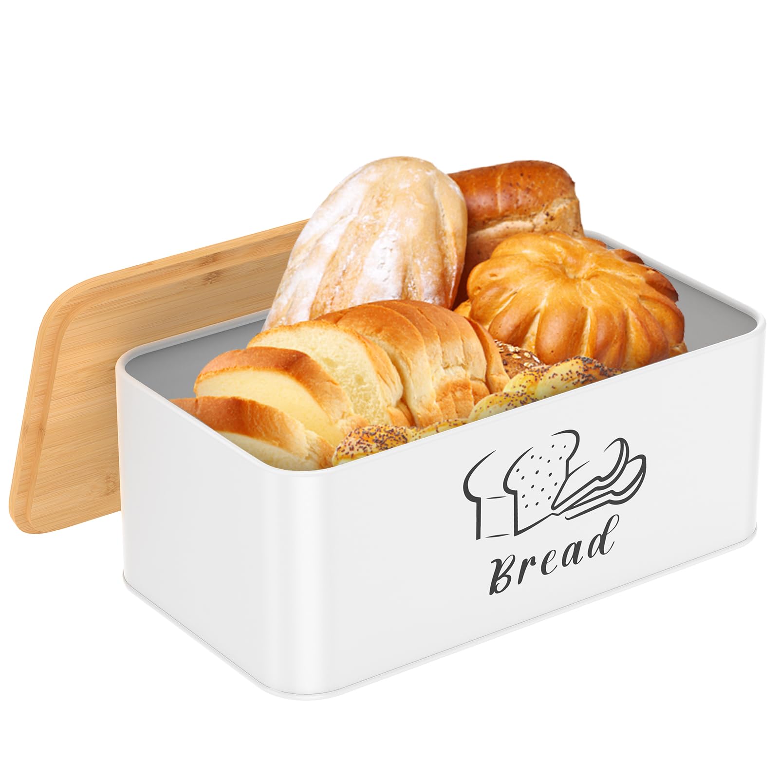 Bread Bin for Kitchen,Metal Bread Box with Bamboo Cutting Board Lid,33x18x13.5CM Countertop Breads Storage Container,White Kitchen Decor Organizer for Homemade Breads,Toast,Bagel,Dry Food Fruits