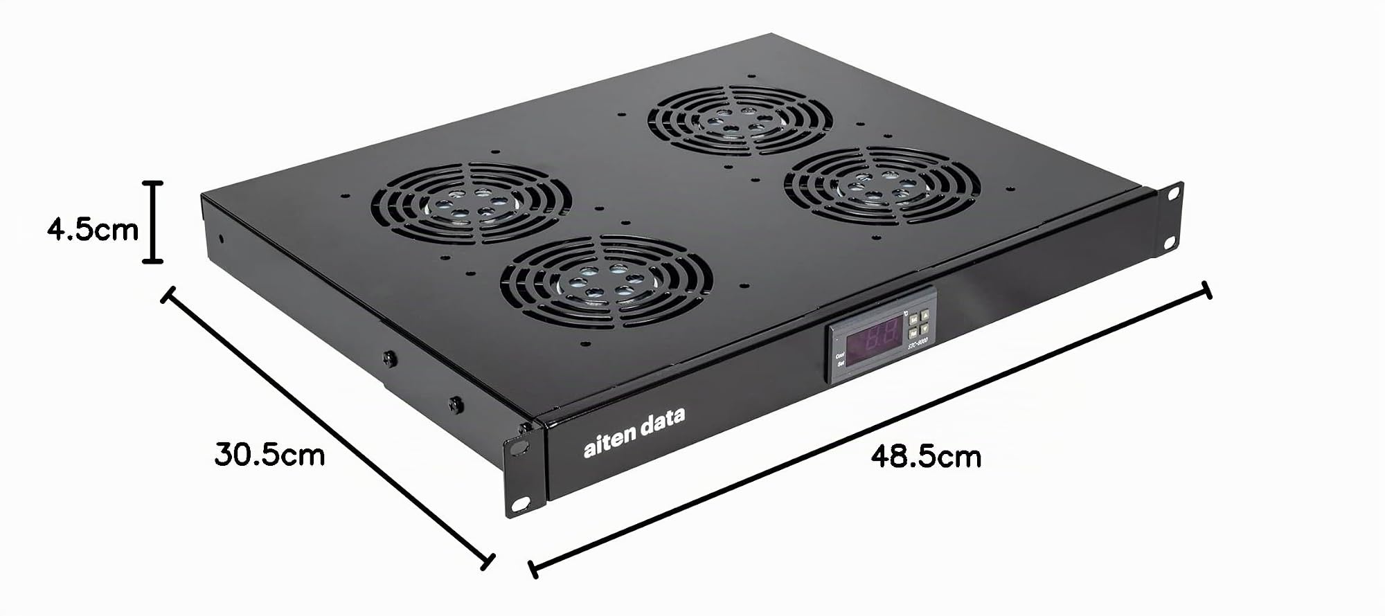 Aiten Data Digitales Thermostat mit 4 Lüftern, 1U, für Rack, Schwarz