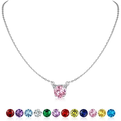 SILVERCUTE Sterling Silver Birthstone Necklace for Women,Dainty Silver Pendant Necklace with Round Cubic Zirconia,16