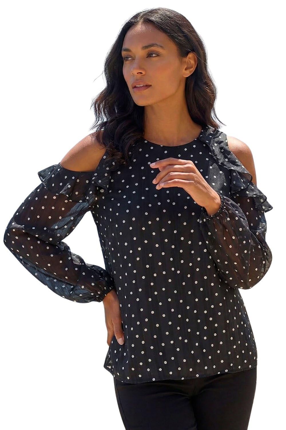Roman Spot Print Frill Cold Shoulder Top - Black - Size 12