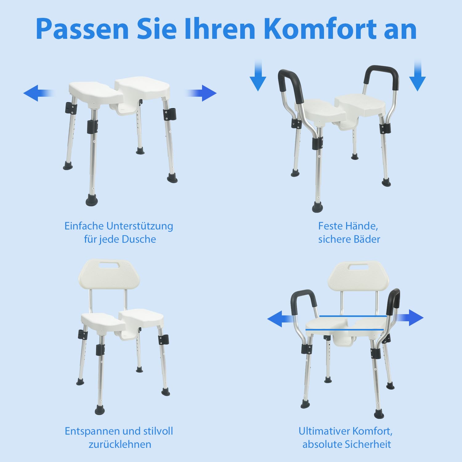 U-förmiger Duschstuhl mit Lehne für die Dusche, Bis 180kg Robuste Dreifach-Stangen-Basisverstärkung mit Arm- und Rückenlehne für Senioren, höhenverstellbar