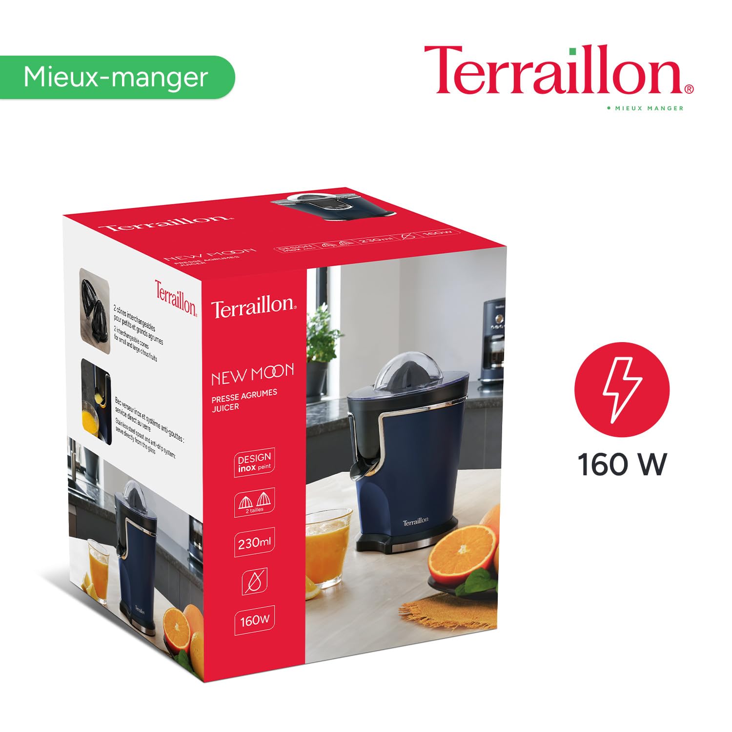 TERRAILLON - NEW MOON - Presse agrumes électronique - 160 W, Vitesses variables, Filtre et bec verseur en Inox, Réservoir 300 ml, 2 Cônes pour différents agrumes, Corps Inox peint, Bleu