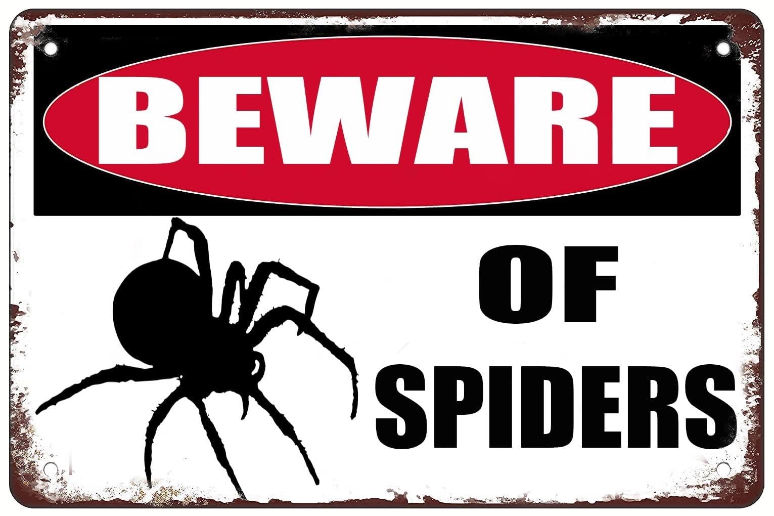 IDGTTLDF Funny Vintage Tin Sign Beware Of Spiders Humorous Warning Plaque For Porch Garage Garden Shed Outdoor Indoor Wall Decor 8x12 Inch