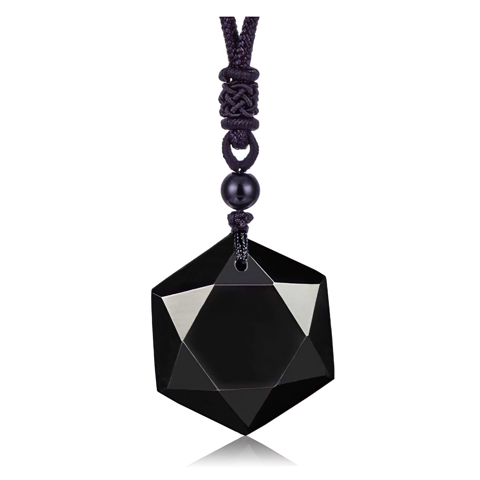 Natural Tai Chi Black Obsidian Pendant Necklace Caved Chinese Characters Pattern with Extend Bead Chain for Men or Women