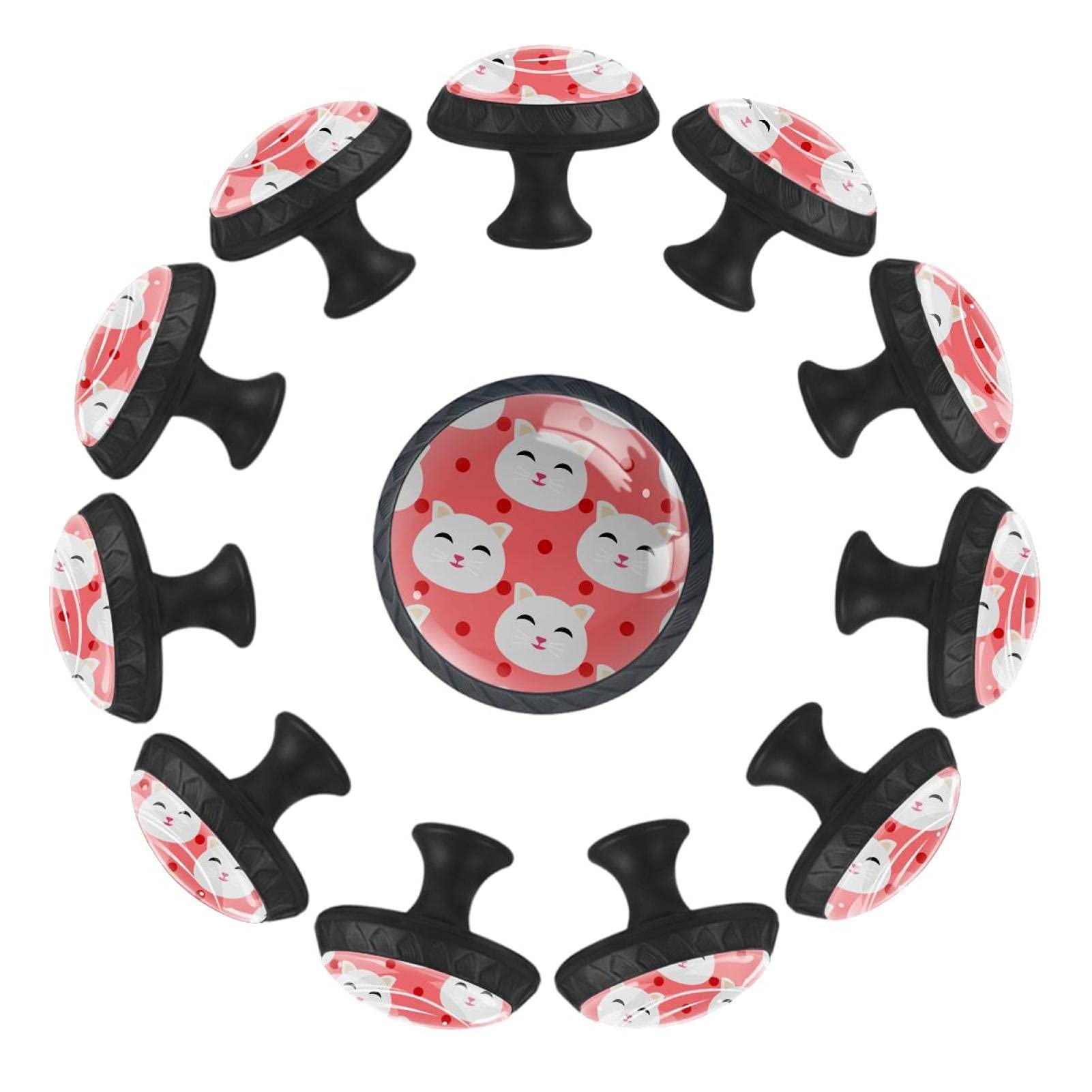 Boutons de tiroir tête de chat sur pois roses : 12 pièces déco de 35 mm