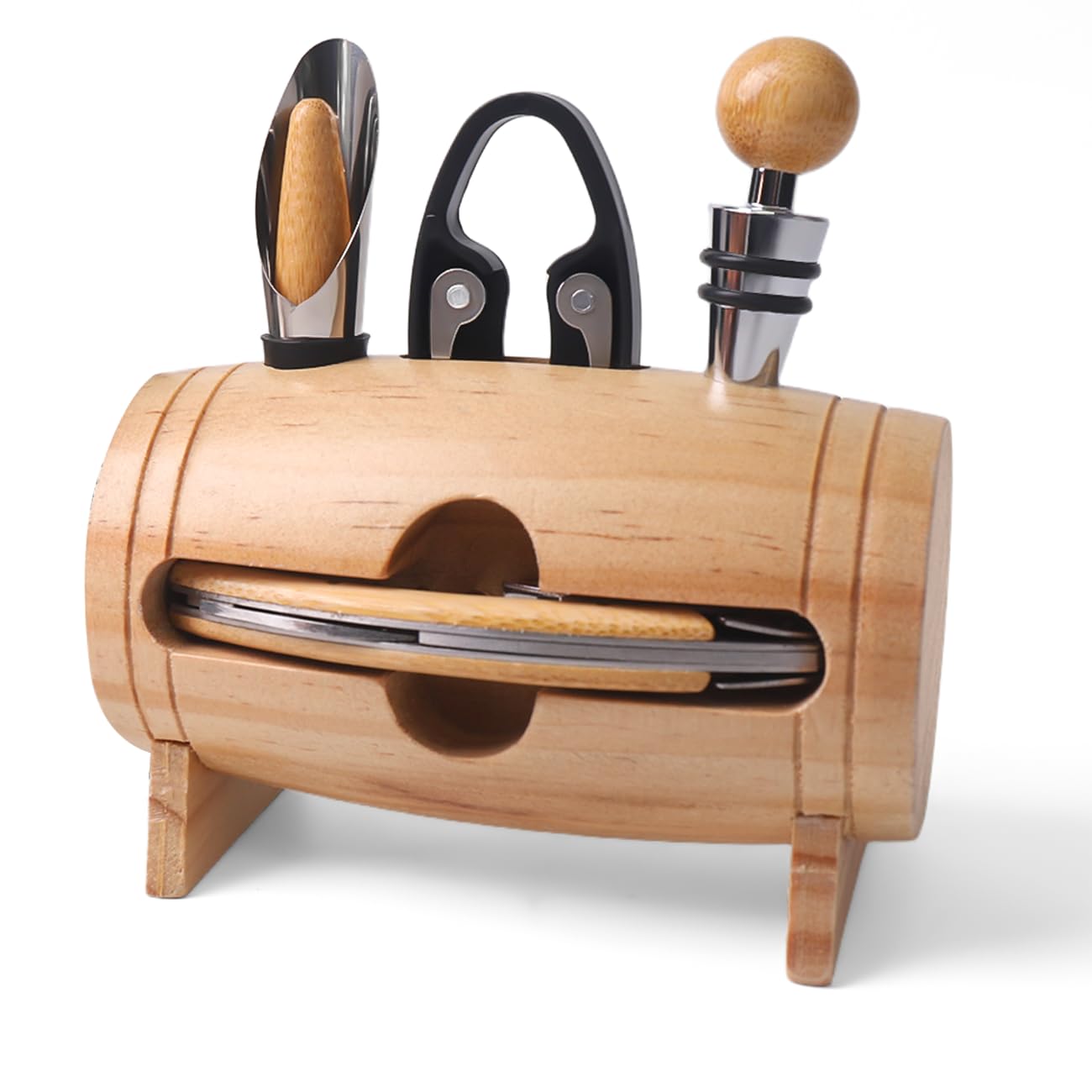 Set di Accessori da Vino a Forma di Barile,Accessori per Il Vino Include cavatappi,Tappo per Vino (Wood)
