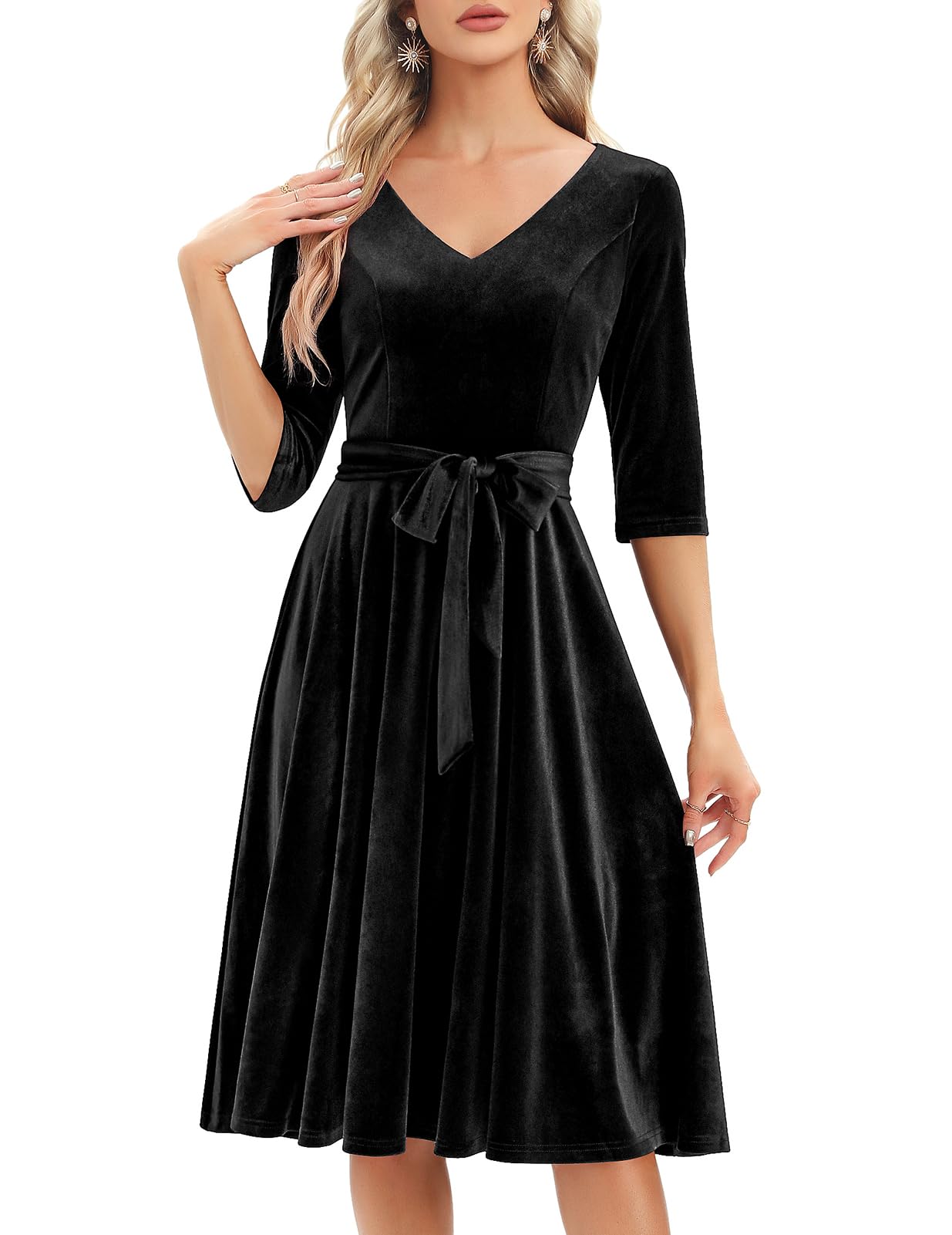 Bbonlinedress Robe Halloween Femme Hiver Mi Longue en Velours pour Déguisement Cosplay Soirée Fête Cocktail Manches Longue V-Black L