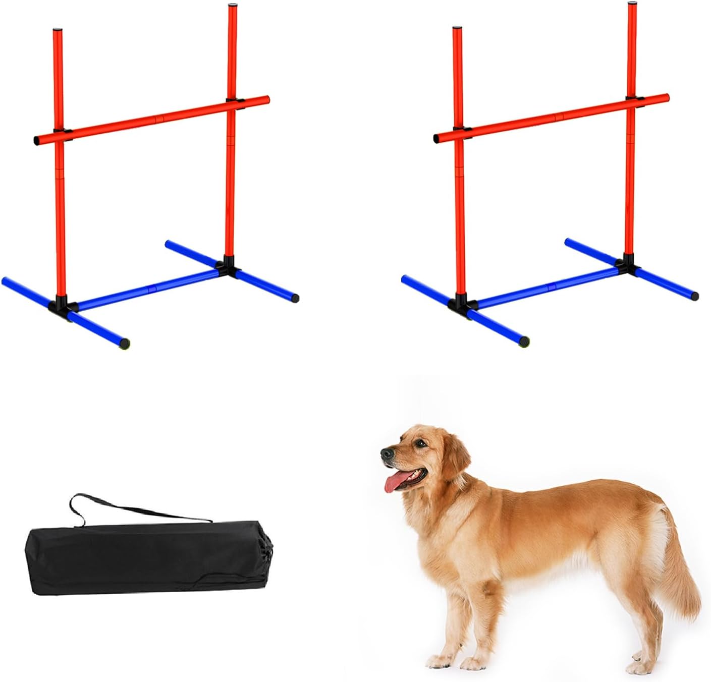 Dog Agility Training Equipment, 4-Sets Adjustable Dog Jumps & Hurdles Set for Backyard, Outdoor Dog Obstacle Course Training Starter Kit with Weave Poles, Pause Box & Carrying Bag for Large Small Dogs