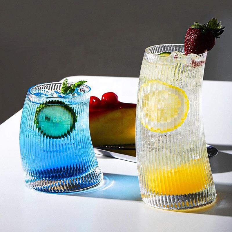 Image of Ribbed Juice Glass Set of 6-450 ML Drinking Glasses Highball Tumbler Glass for Water Cocktail Iced Coffee Beer and Mixed Drinks Transparent Home Kitchen Bar