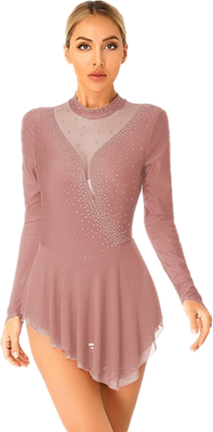ranrann Women's Glittery Rhinestones Figure Ice Skating Dress Irregular Hem Lyrical Ballet Dance Leotard Dance Dress
