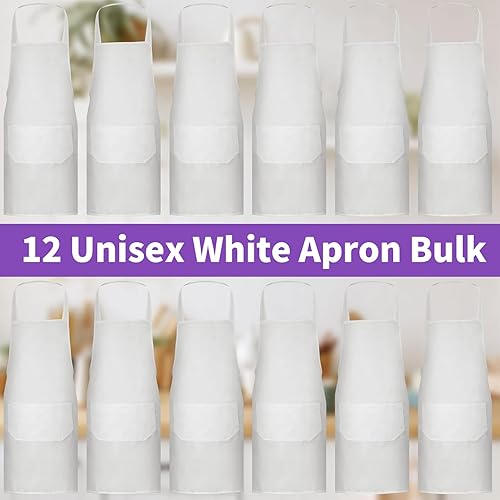 Miniatura 2 de Paquete de 12 delantales con peto, delantales unisex lisos, delantales blancos a granel con 2 bolsillos para adultos, cocina y pintura, lavable a