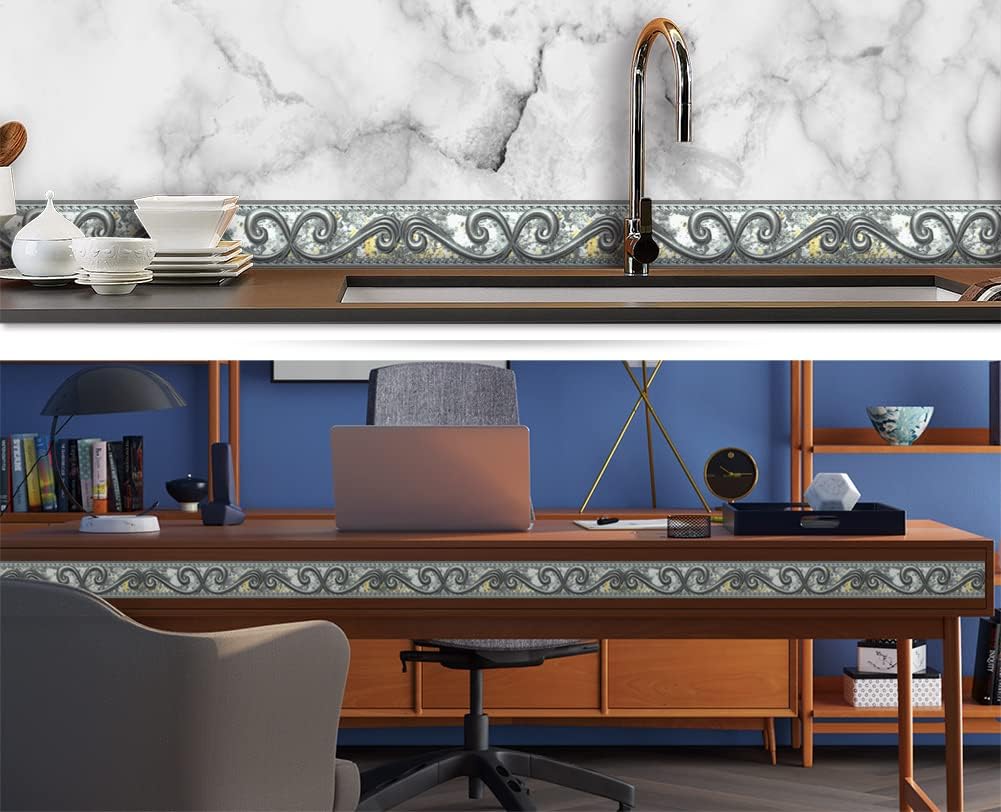 Y010 Peel and Stick Wallpaper Border 3D Abstract Curve, Grey Removable Self Adhesive Wall Border Decorative Molding for Home Decor 2''x32.8ft
