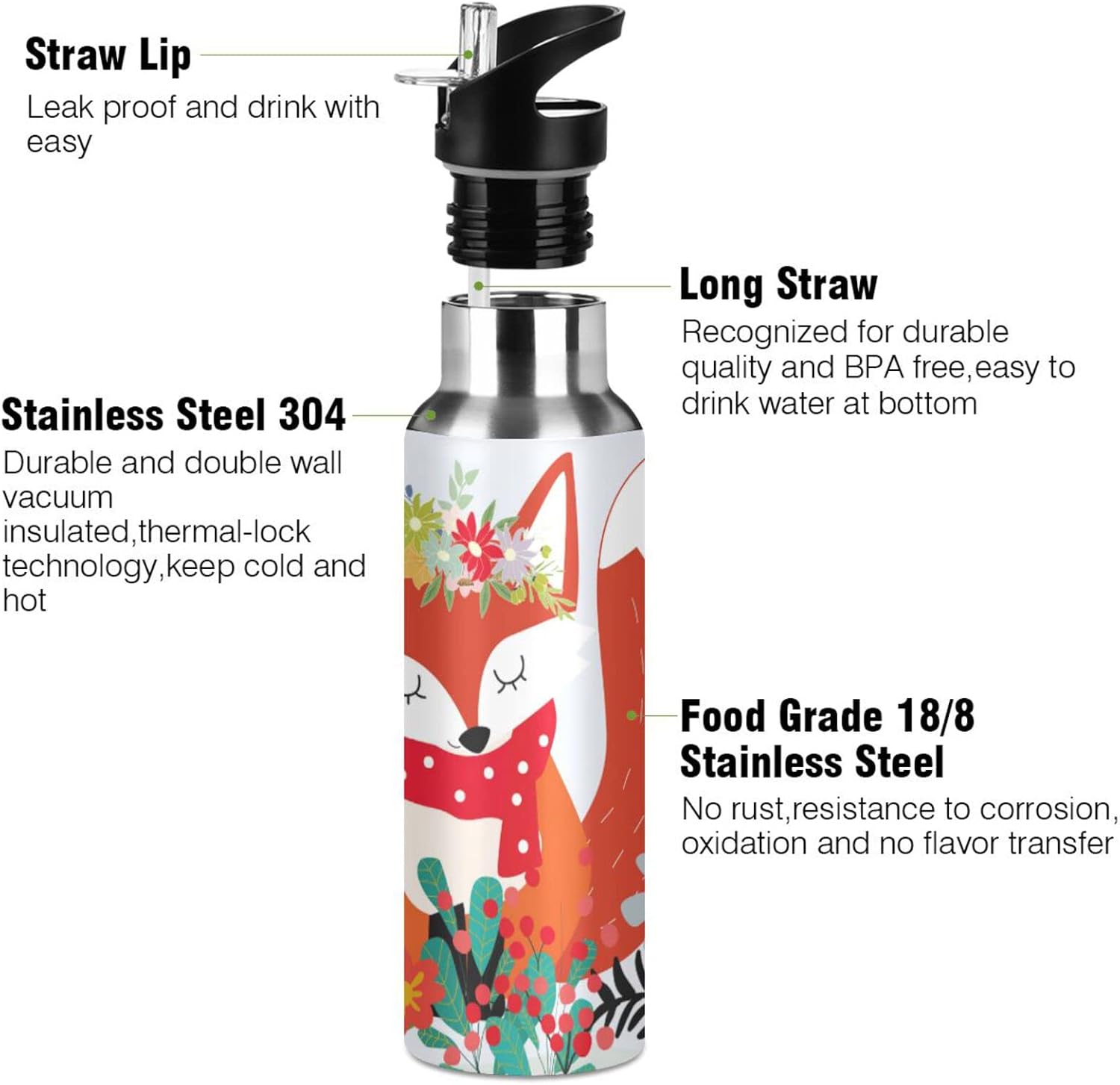 Fox Water Bottle Girls Kids Insulated Stainless Steel Hot Cold Water Flask Jug with Straw Lid for Sports Gym Running 20 oz - Image 2