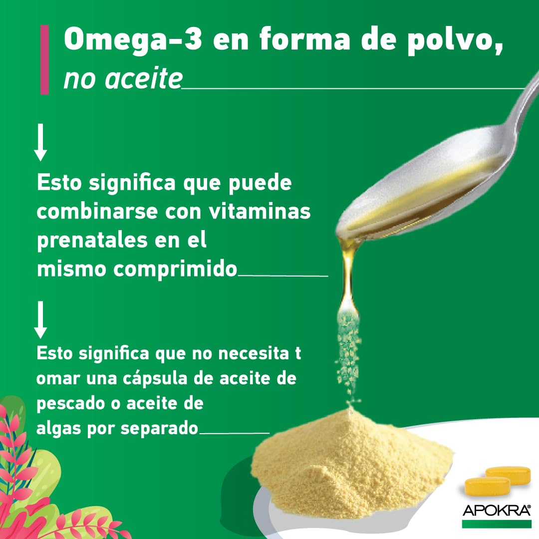 APOKRA Vitaminas Prenatales | 25 Nutrientes con Omega 3, Acido Folico Embarazo (Metilfolato Quatrefolic), Omega 3 Vegano y Ácido Fólico Alta Absorción, 60 Comprimidos