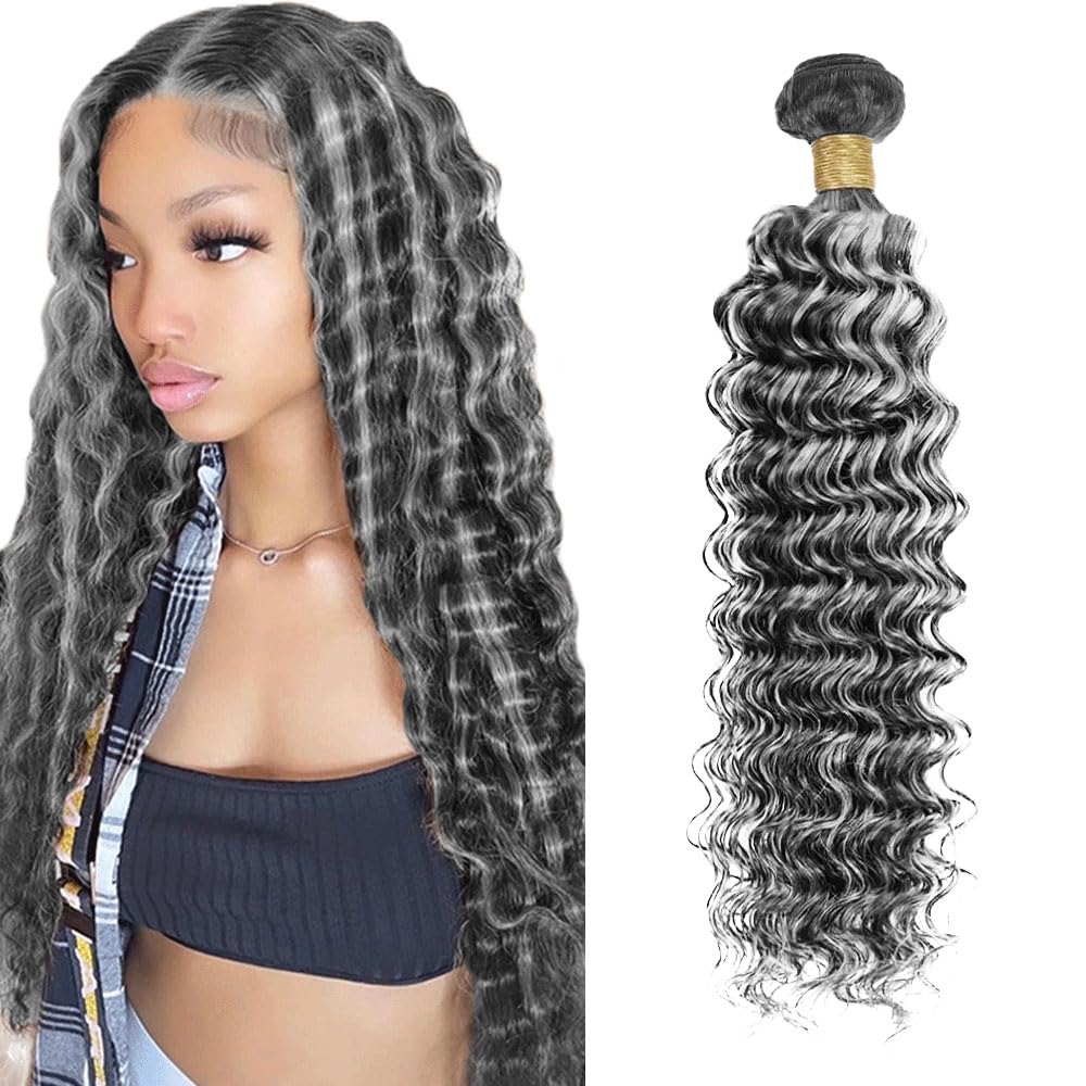 P1Bgrey Bundle Ombre Gray Deep Curly Human Hair Bundles 12A Silver Bundle 24 Inch Salt And Pepper Deep Wave Bundles Grey Hair Extensions 50G
