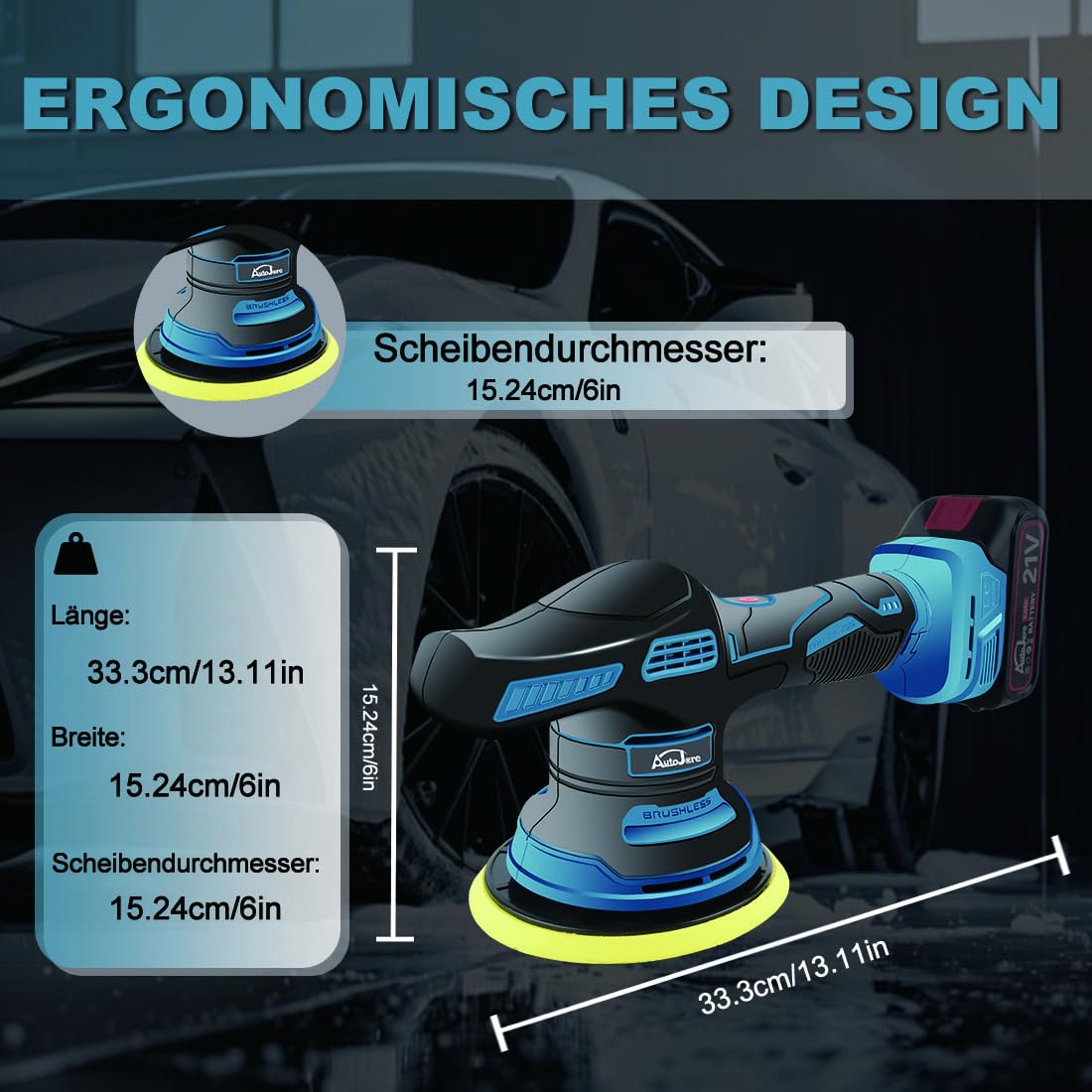 Akku Poliermaschine Auto 6 Zoll Exzenterpolierer mit 8 Geschwindigkeiten, 4pcs Auto Poliermaschinen Set, 2x 2000mAh Akku für Autodetailing, Wachsen, Polieren