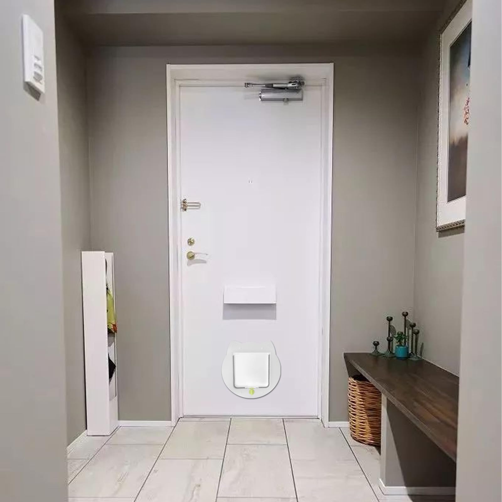 BOPOMOFO Cat Door Interior & Exterior Door, 4 Way Locking Pet Door, Inner Size 7"x7" Gate Hole Pass Through Easy to Install MAX 27 lbs (White) CD-04-W