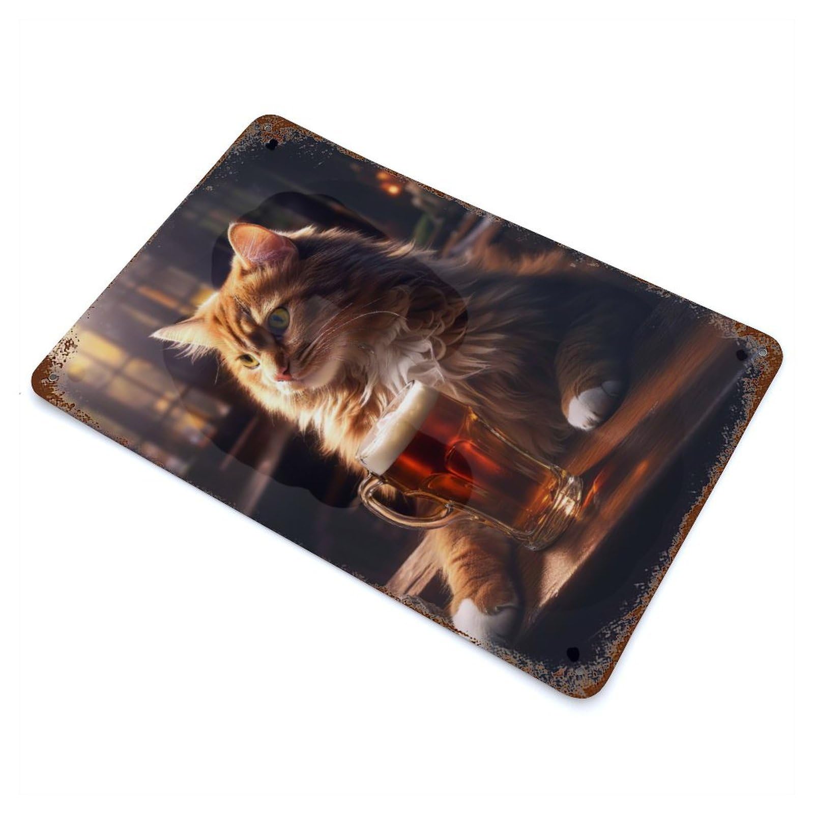Cat With Beer Vintage Rust Metal Sign 11.8"x7.9", Retro Wall Decor for Garage, Pub Or Kitchen