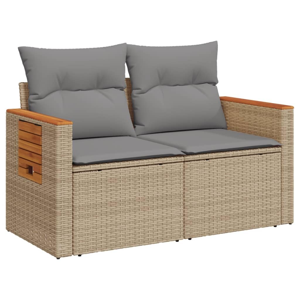 IKAYAA Sofá Jardín 2 Plazas de Ratán con Mesa Auxiliar Plegable, Sofas Terraza con Cojines Acolchados, Sofá de Exterior 2 Plazas, Muebles de Terraza, Sofá para Jardín Patio Terraza Beige y Gris Claro