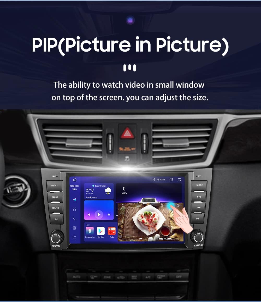 Car stereo screen demonstrating Picture-in-Picture mode with a video playing over the main interface.