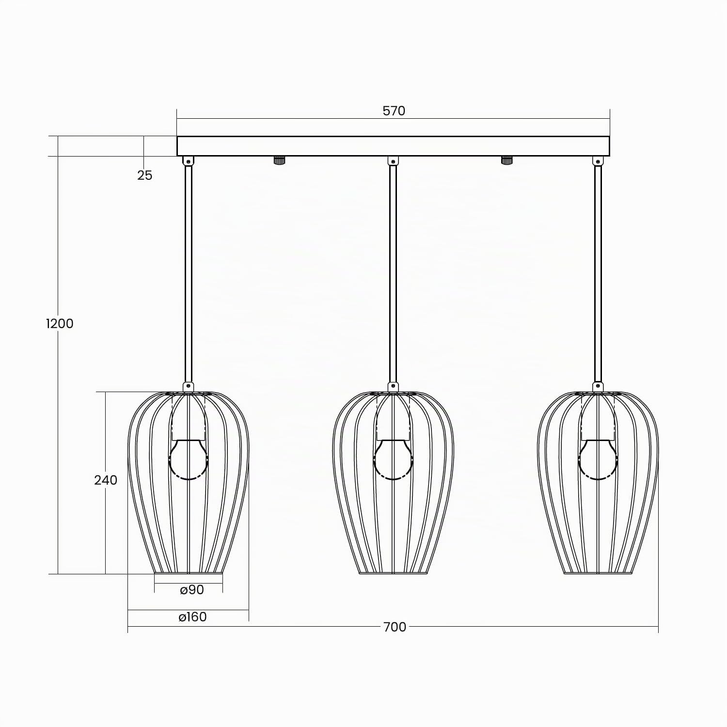 LEDKIA Lampada a Sospensione in Metallo 3 Faretti Telmi Nero | Portalampade E27 Integrati | Uso Interno IP20 | Dimensioni Compatte | Resistente Alluminio