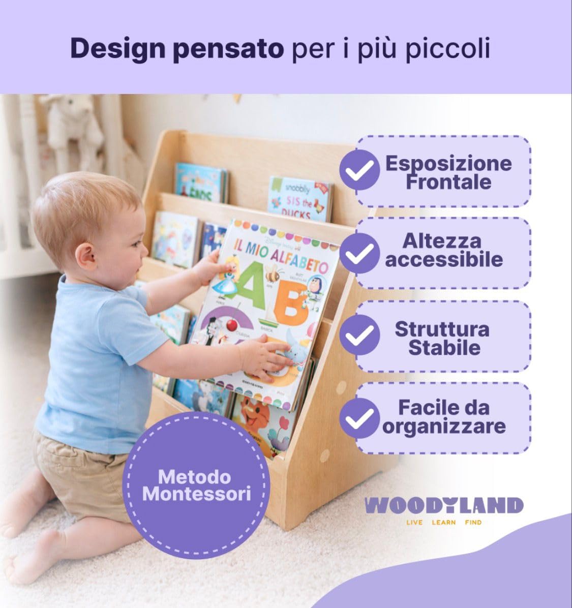 Woodyland Libreria montessoriana per bambini Imagine, Libreria bambini, 0-6 anni, Ideale per Cameretta, Asilo Nido, Aula Scuola dell'Infanzia