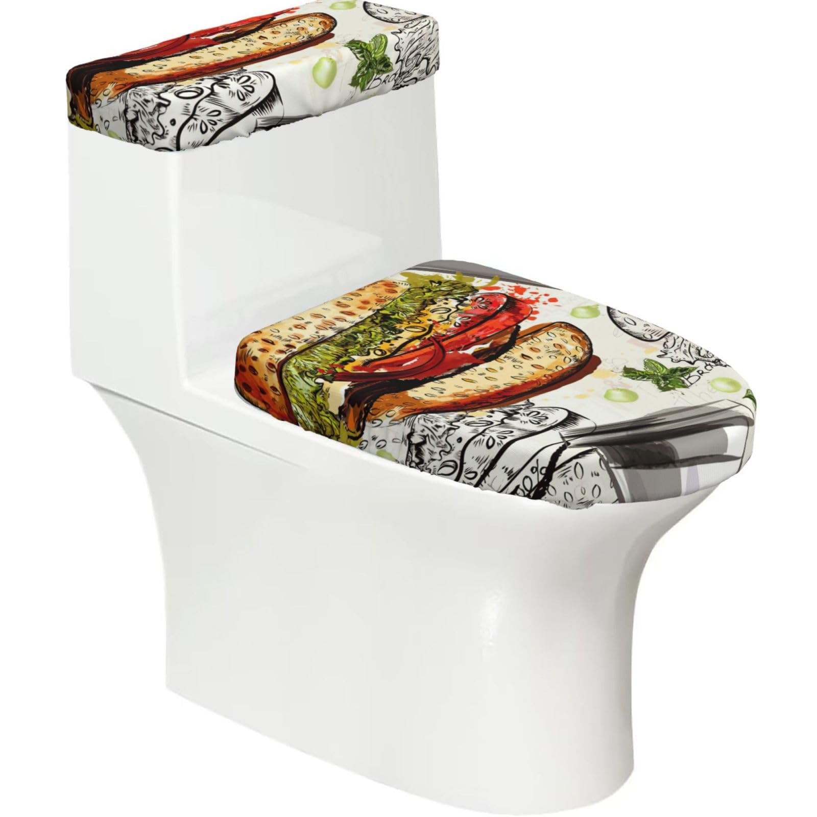 Funny Food Hamburgers and Mugs Print 2-Piece Stretch Toilet Cover Set, Elastic Breathable Toilet Seat and Tank Lid Protector