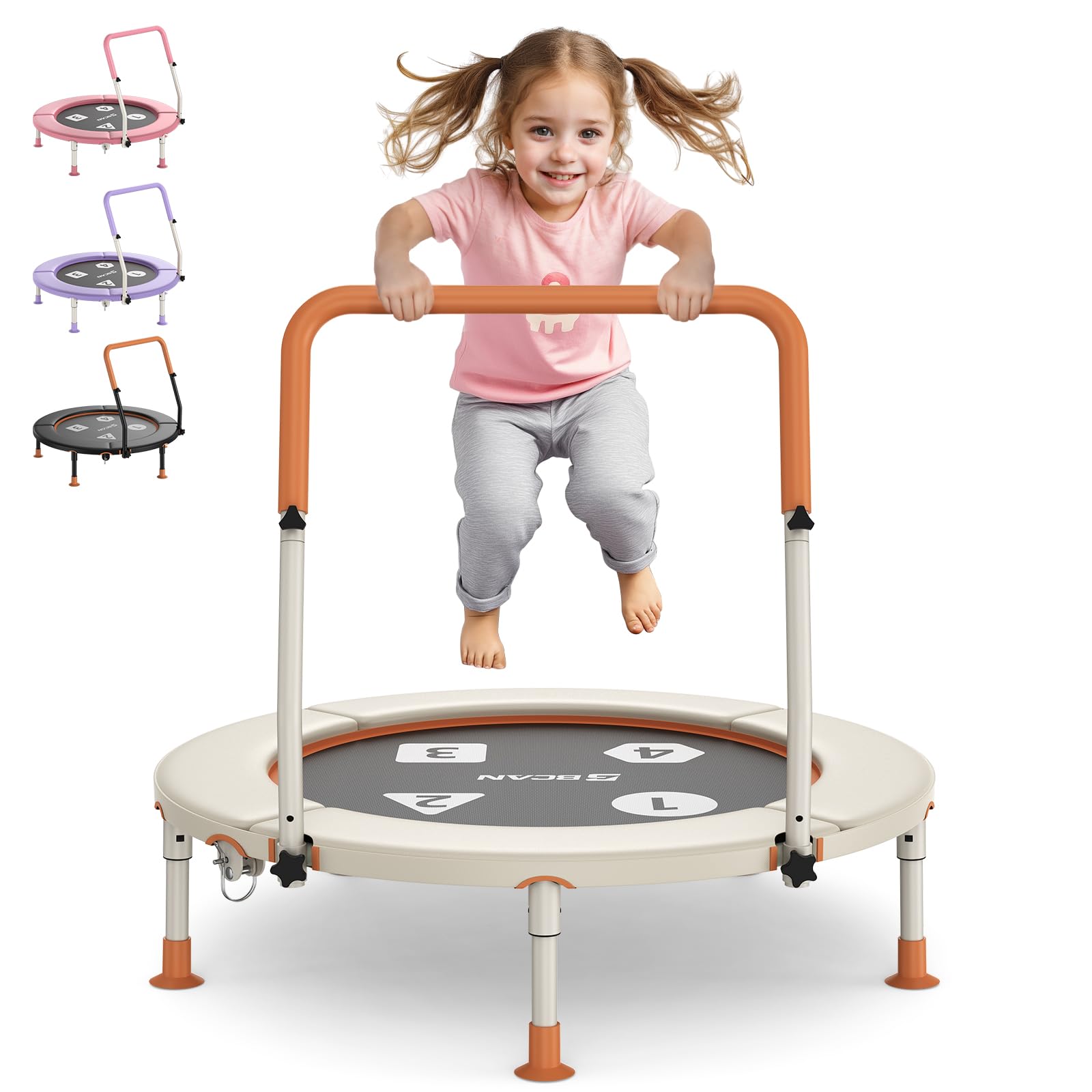 BCAN Trampoline Enfant 91 cm, Mini Trampoline Extérieur Intérieur Pliable avec Poignée Réglable, Coussinets de Sécurité & Pieds Pliables, Cadeau pour Enfants 3-6