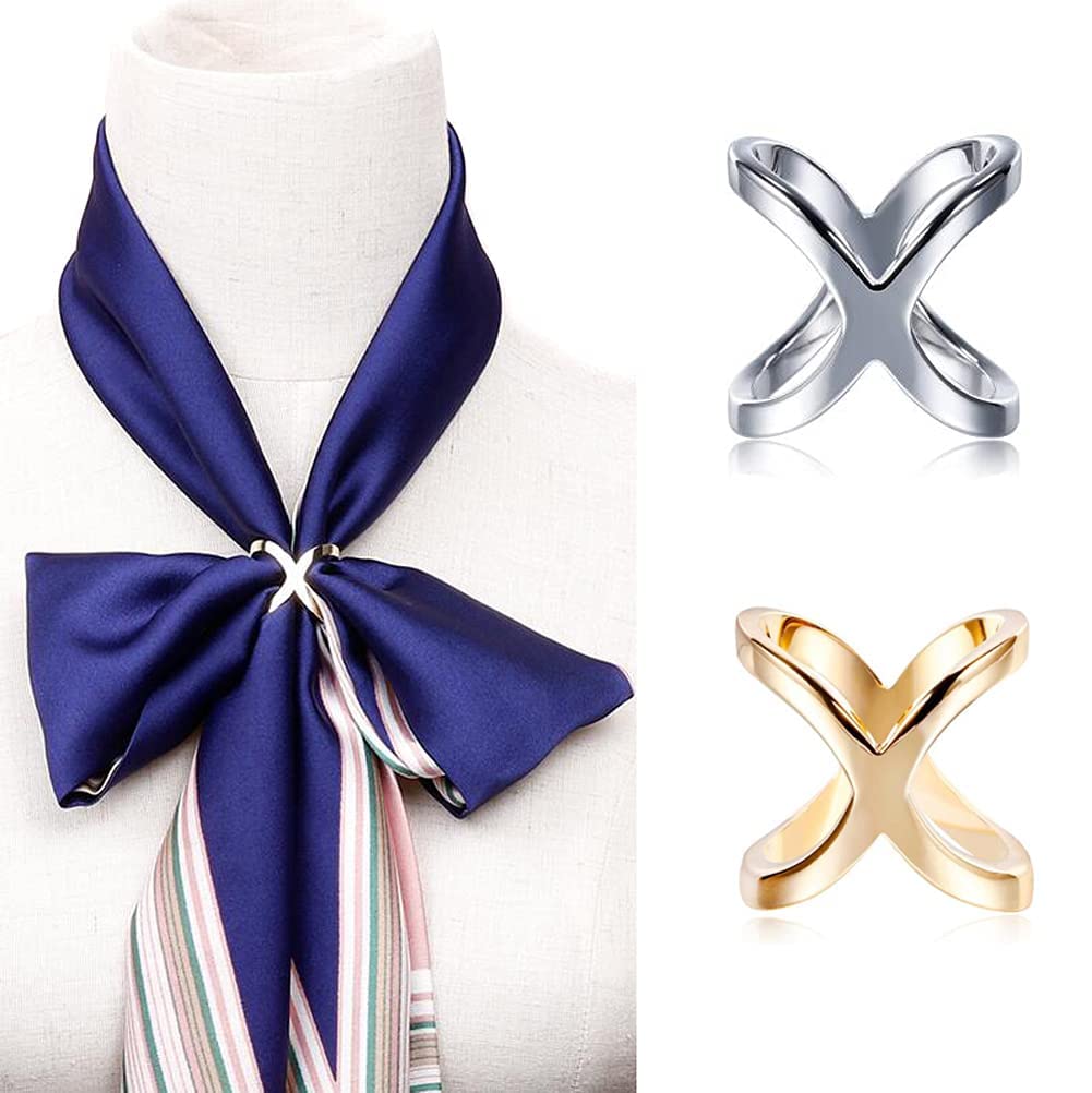 KASTWAVE Fashion Scarf Ring Buckle Simple Modern Scarf X Shaped Clamp Clasp Clips Clothing Wrap Holder Decoration Accessories for Neckerchief Shawl (Gold+Silver) 2Pcs