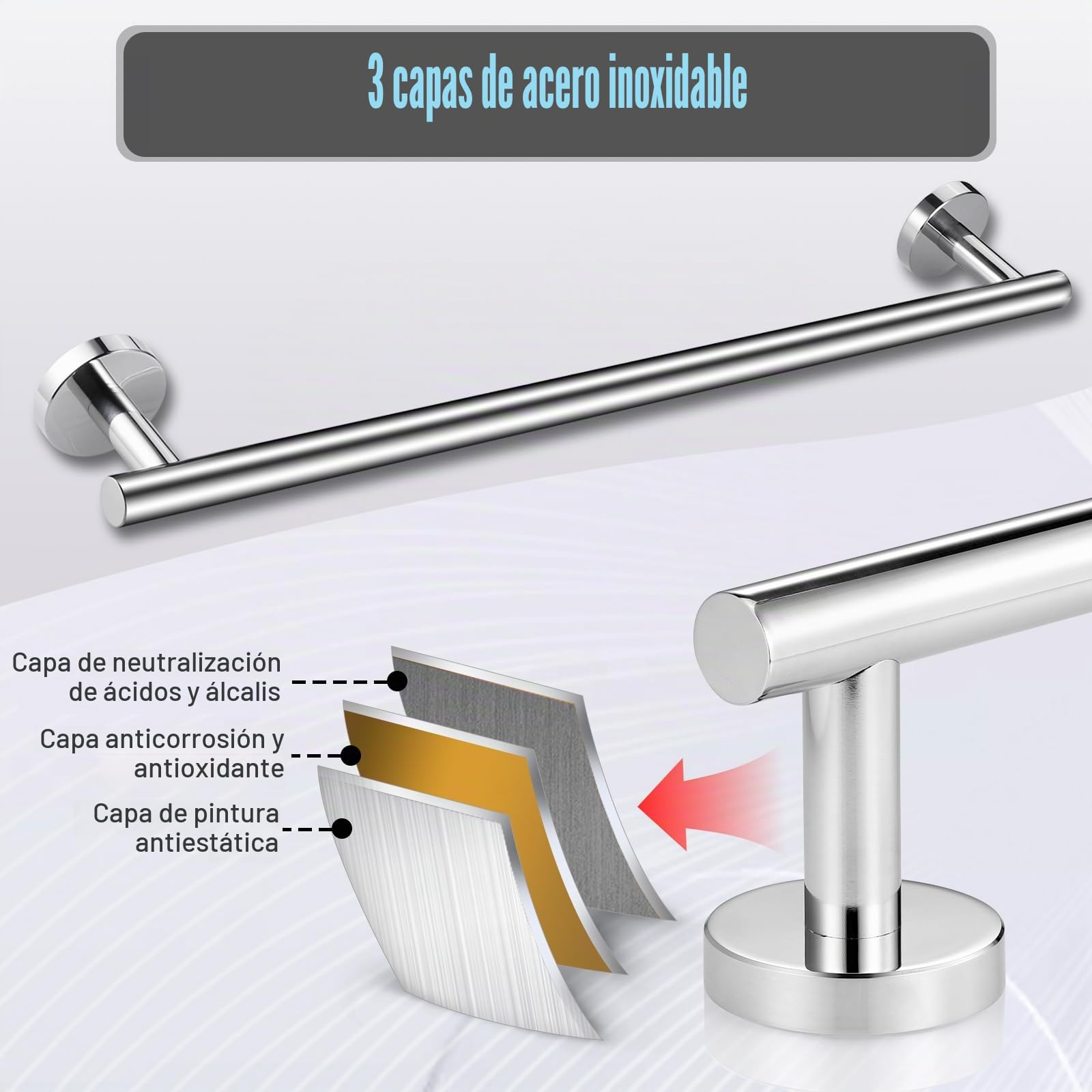 3Pcs Juego Accesorios Baño de Acero Inoxidable Superficie Lisa, Toalleros de Baño Pared 50cm,Portarollos Papel Higienico,Ganchos,Barra Toallero,Toallero, Tornillos para Dormitorio, Cocina, Hotel
