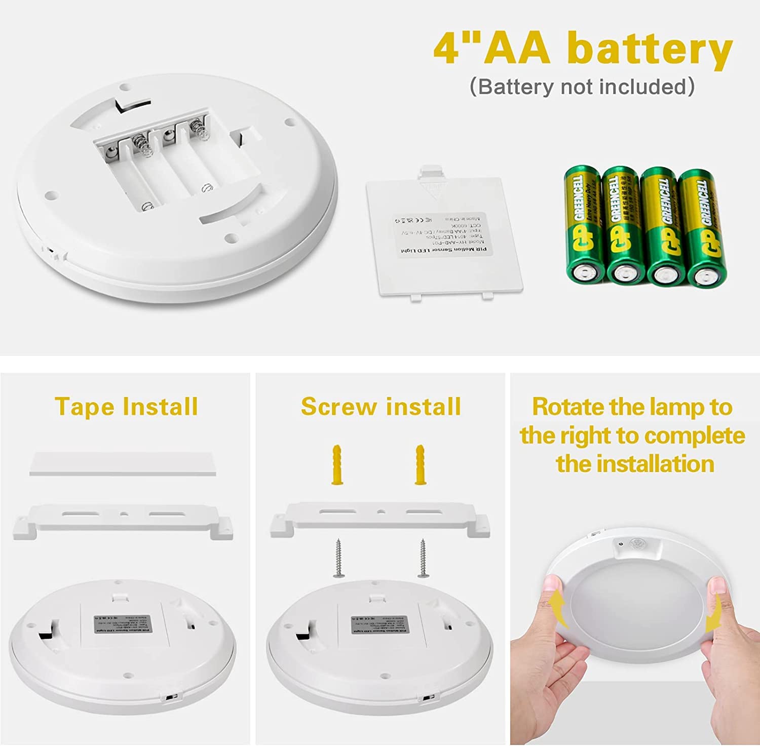 Luz De Techo Con Sensor De Movimiento - Alimentada Por Pilas, 6.5 Pulgadas, 210 Lúmenes, Para Ático, Garaje O Pasillo
