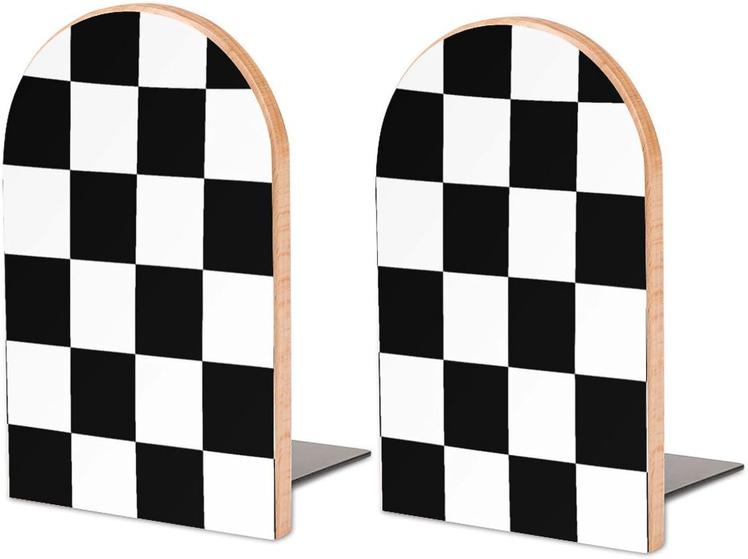 Black White Checkered Cute Wood Book Ends Decorative Bookends 1 Pair Non-Skid for Shelves Home Office 7 X 5 Inch