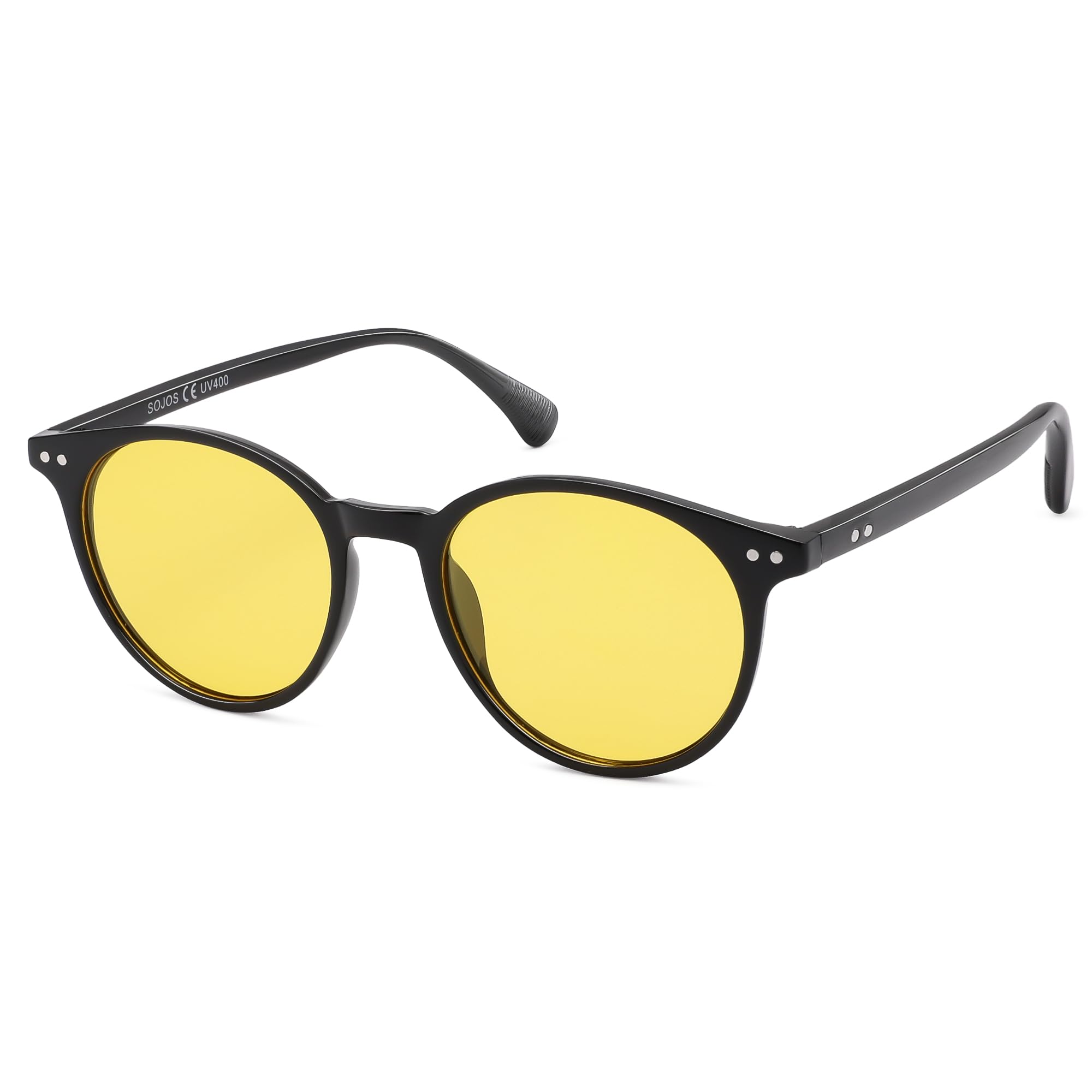 SOJOS Polarisiert Runde Sonnenbrille Damen Herren Retro Vintage UV400 Schutz Nachtsichtbrille Runde Kleine für Schmales Gesicht MAY SJ2113 mit Schwarz Rahmen/Gelb Linse