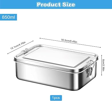 Stainless Steel Lunch Box, 850ml Metal Lunch Box with 1pcs Removable Divider, Leakproof Stainless Steel Bento with Lock Clip for Adults Children Camping