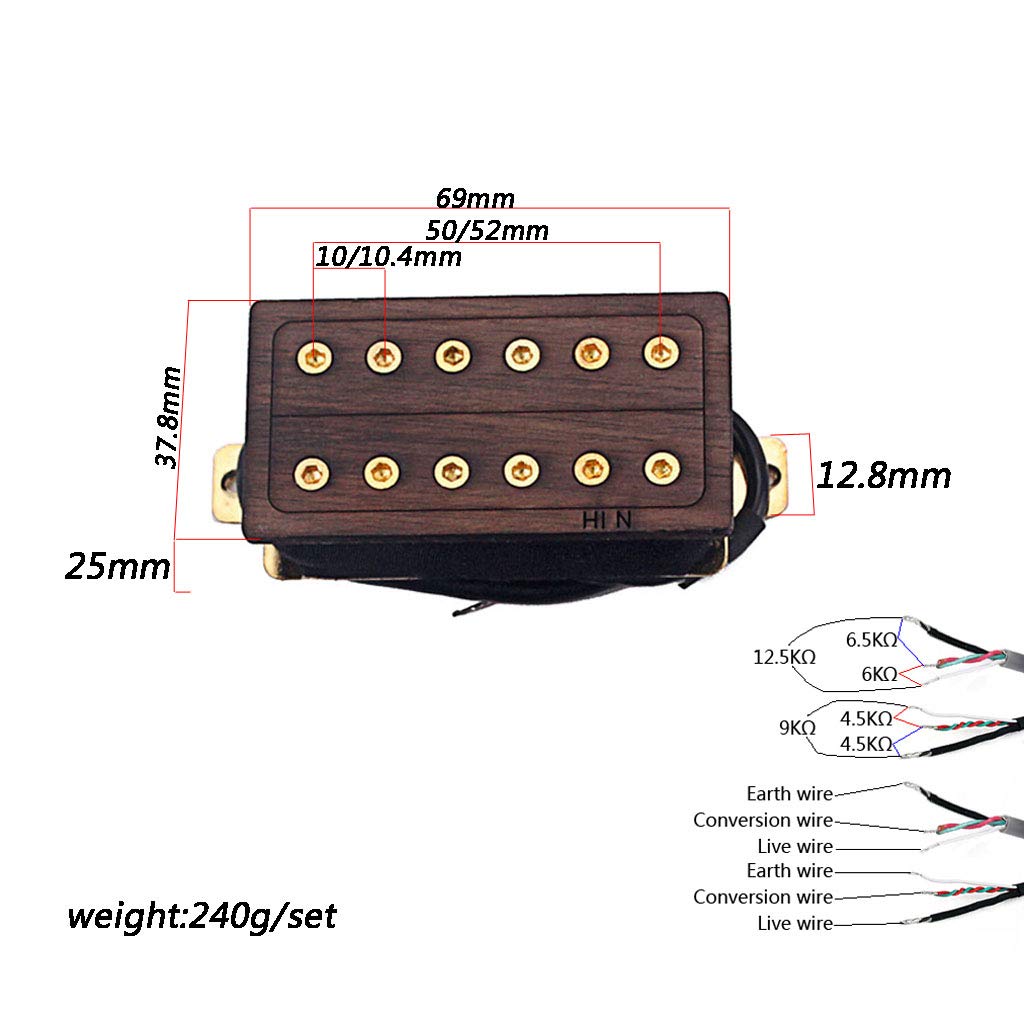 Alnicov 1 Set Pickup per chitarra in palissandro Neck & Bridge 50 / 52Mm Pickup humbucker per chitarra elettrica a 6 corde con viti dorate