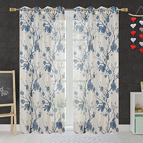 Image of Premium Polyester Floral Sheer Printed Net Combination Transparent Beautiful Curtains Set of 3 Piece for Long Door Blue 9 Feet
