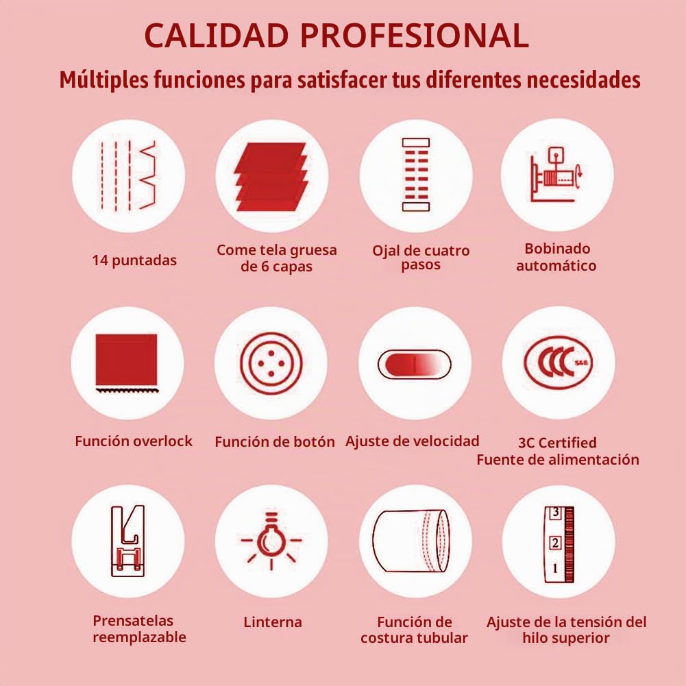 728 MáQuina De Coser Multifunción, 14 Puntadas diferentes, Máquina Coser Portátil para Principiantes y Niños Fácil Uso con luz LED, para Coser Ropa, Viajes Familiares, Bricolaje