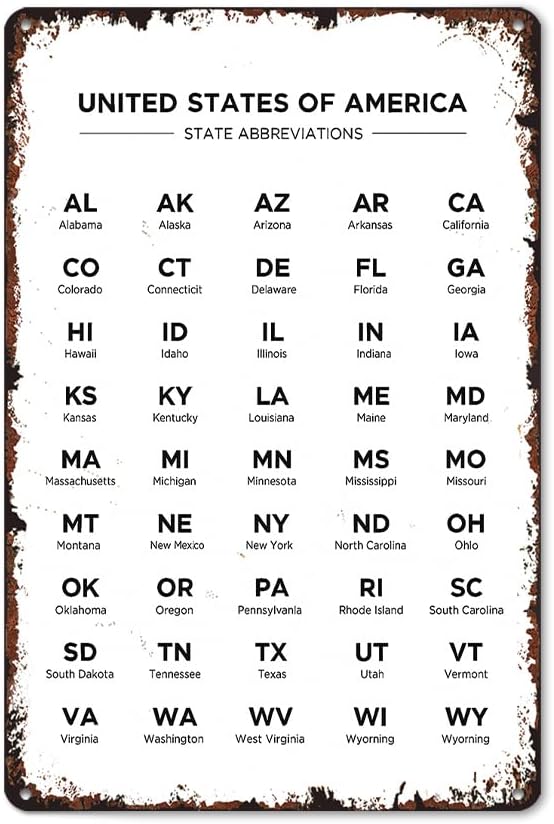 Us State Abbreviations Funny Poster Sign 8x12 Inch Vintage Aluminum Metal Tin Signs-For Living Bathroom Room Kitchen Bedroom Patio Wall Decor